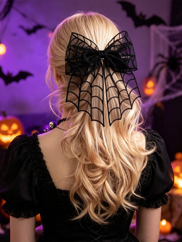 Nœud à cheveux gothique noir en tulle à toile d’araignée