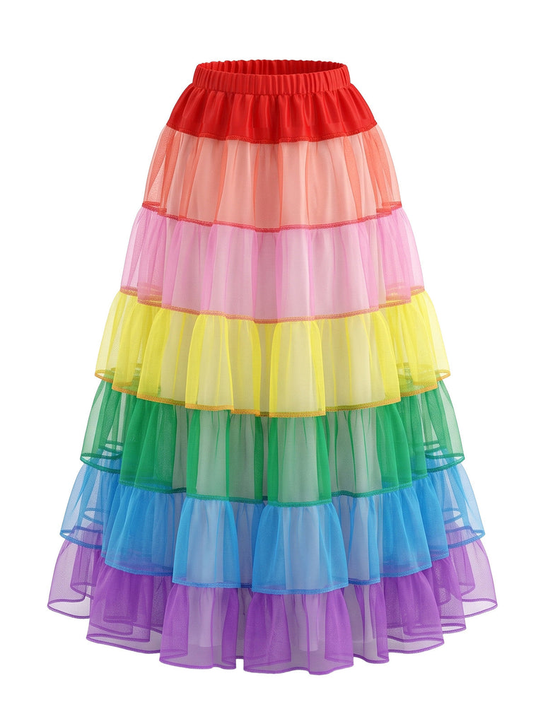 Jupon arc-en-ciel en tulle étagé avec cerceau années 1950