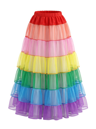 Jupon arc-en-ciel en tulle étagé avec cerceau années 1950
