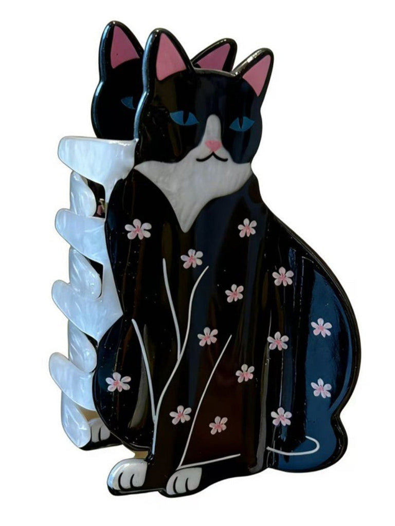 Pince à cheveux noire en forme de chat à motif floral