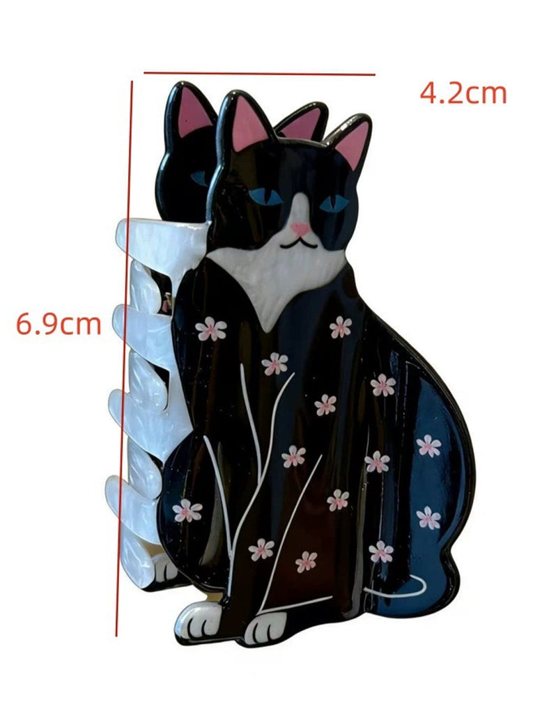 Pince à cheveux noire en forme de chat à motif floral