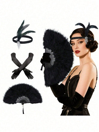 Ensemble d’accessoires Flapper années 1920 avec bandeau à plume, gants et éventail