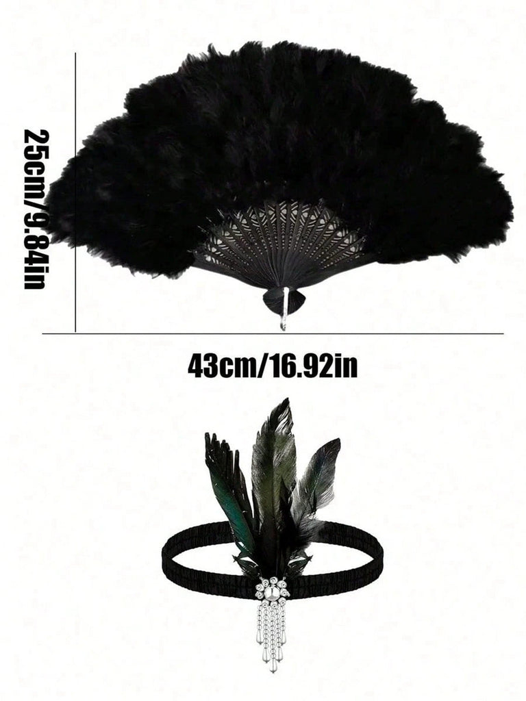 Ensemble d’accessoires Flapper années 1920 avec bandeau à plume, gants et éventail
