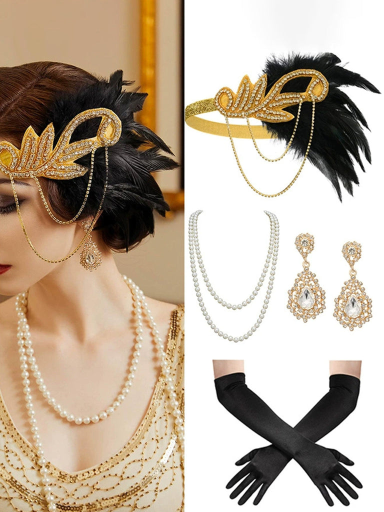 Ensemble de 4 accessoires Gatsby avec plume, pompon et perles années 1920