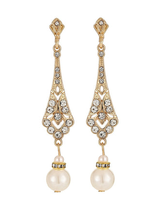 Boucles d’oreilles pendantes vintage en alliage, perles et strass - 1