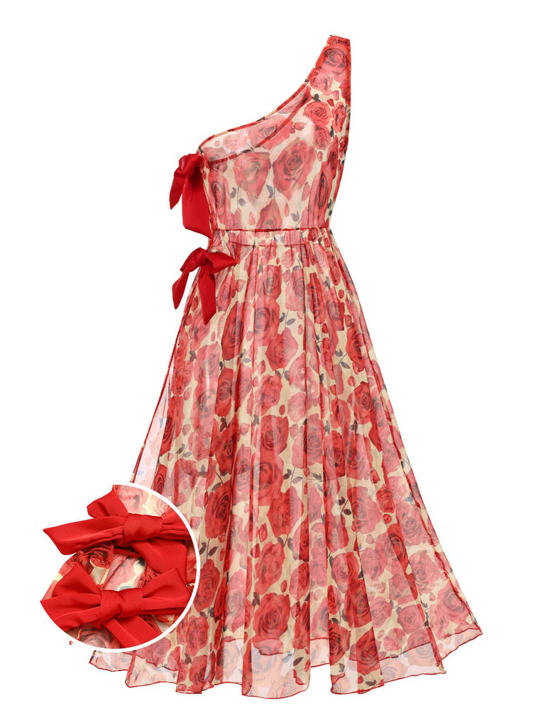 Prévente] Cache-maillot asymétrique longue roses rouge années 60