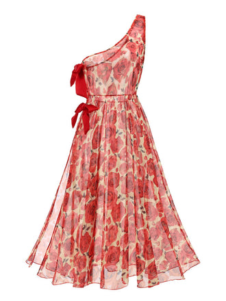 Cache-maillot asymétrique longue roses rouge années 60