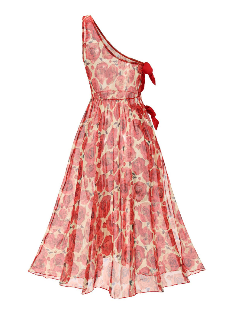 Prévente] Cache-maillot asymétrique longue roses rouge années 60