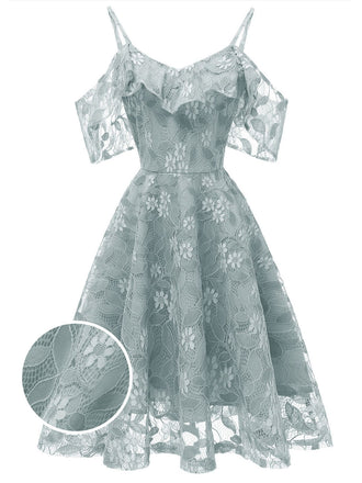 Robe à Bretelle Vintage Rose Année 50 à Volants Dos Nu Dentelle Cocktail