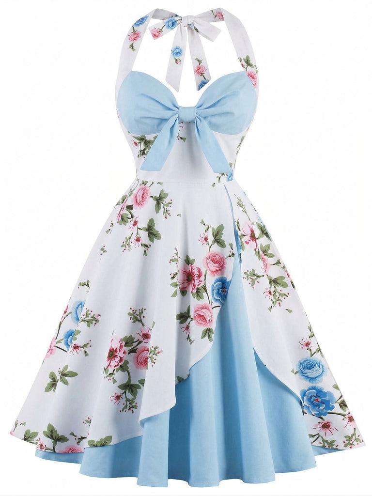 [Prévente] Robe Évasée Halter Florale Bleu Ciel Années 1950
