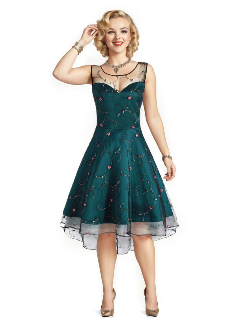 Robe Vintage Année 50 Floral En Dentelle Verte Soirée Cocktail