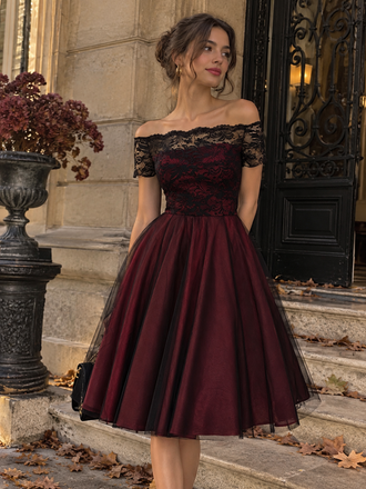 Robe de Noël Vintage Année 50 Dentelle Épaule Nue Soirée Cocktail Chic