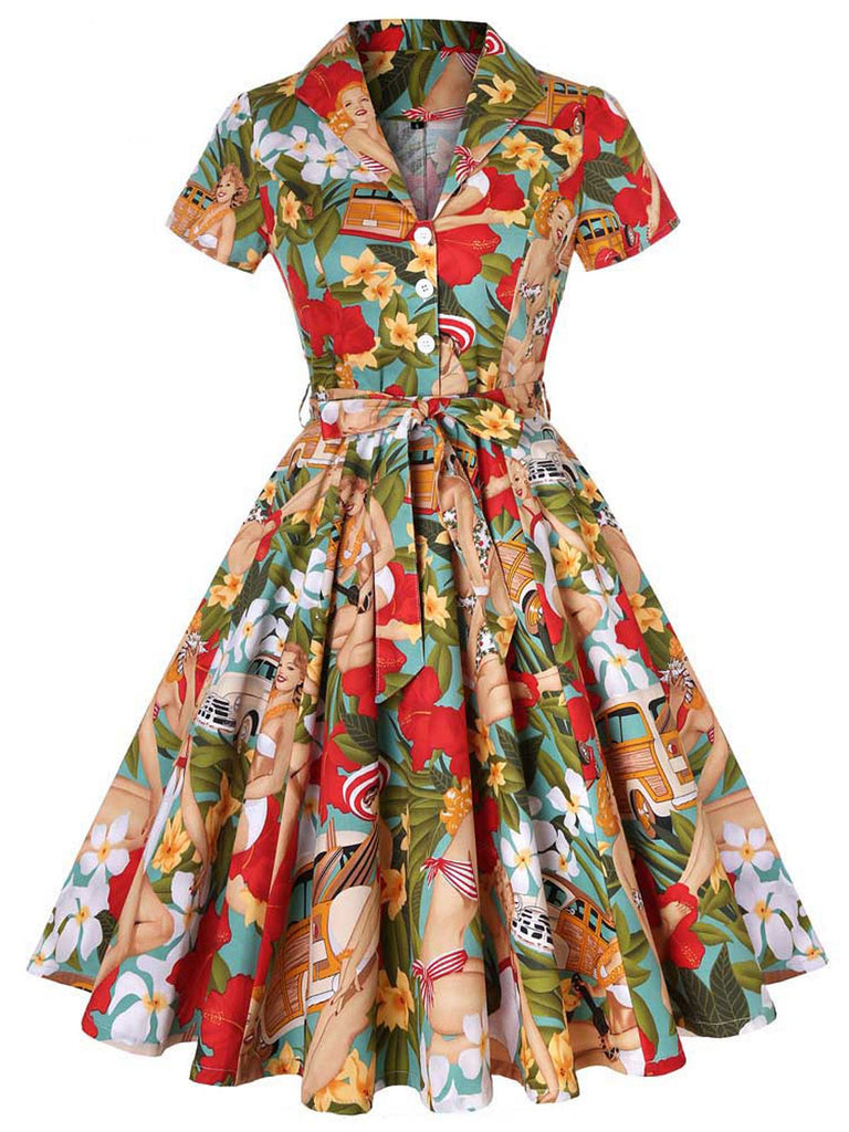 Robe Vintage Années 50 Florale A Bouton Manches Courtes