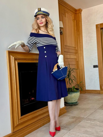 Robe Bleu Vintage Année 50 à Rayures Épaule Nue Pin Up