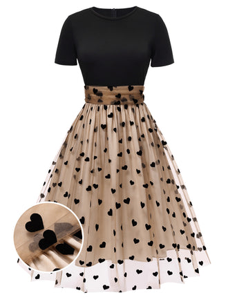 Robe Swing Vintage Année 50 Noire à Pois de Cœur Cocktail Pin Up