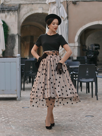 Robe Swing Vintage Année 50 Noire à Pois de Cœur Cocktail Pin Up