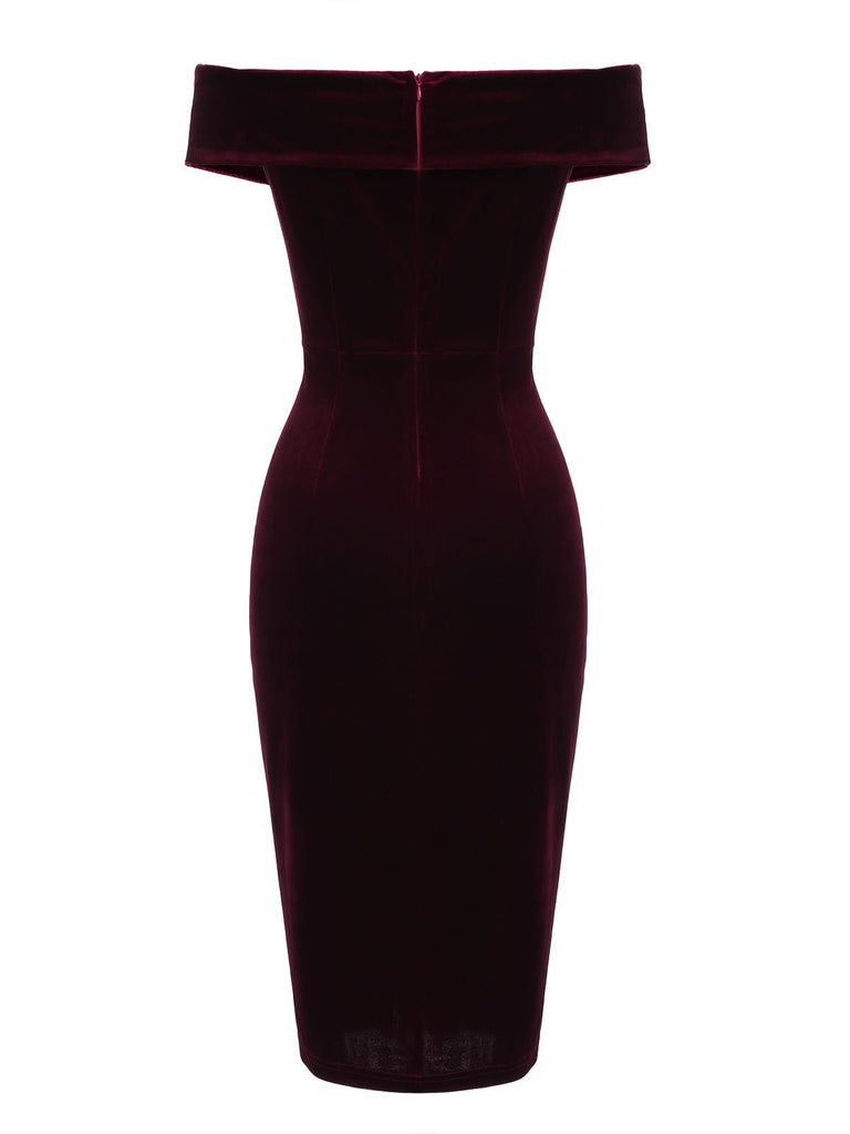 Robe Crayon Vintage Verte Année 60 Solide en Velours 10