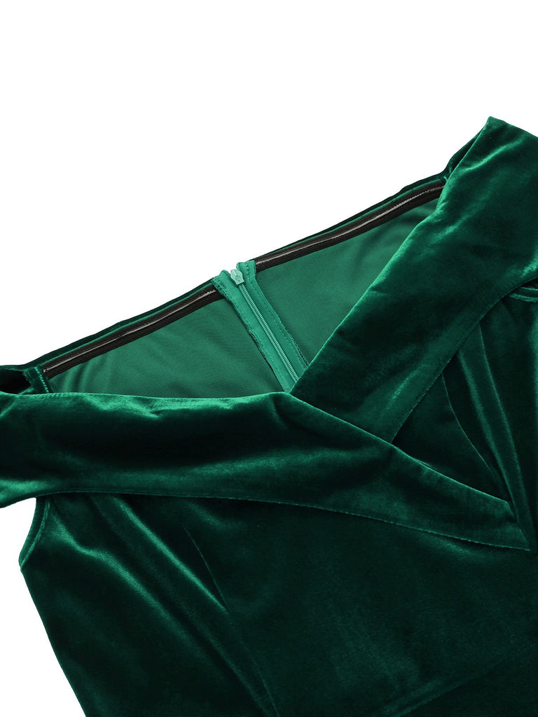 Robe Crayon Vintage Verte Année 60 Solide en Velours 4