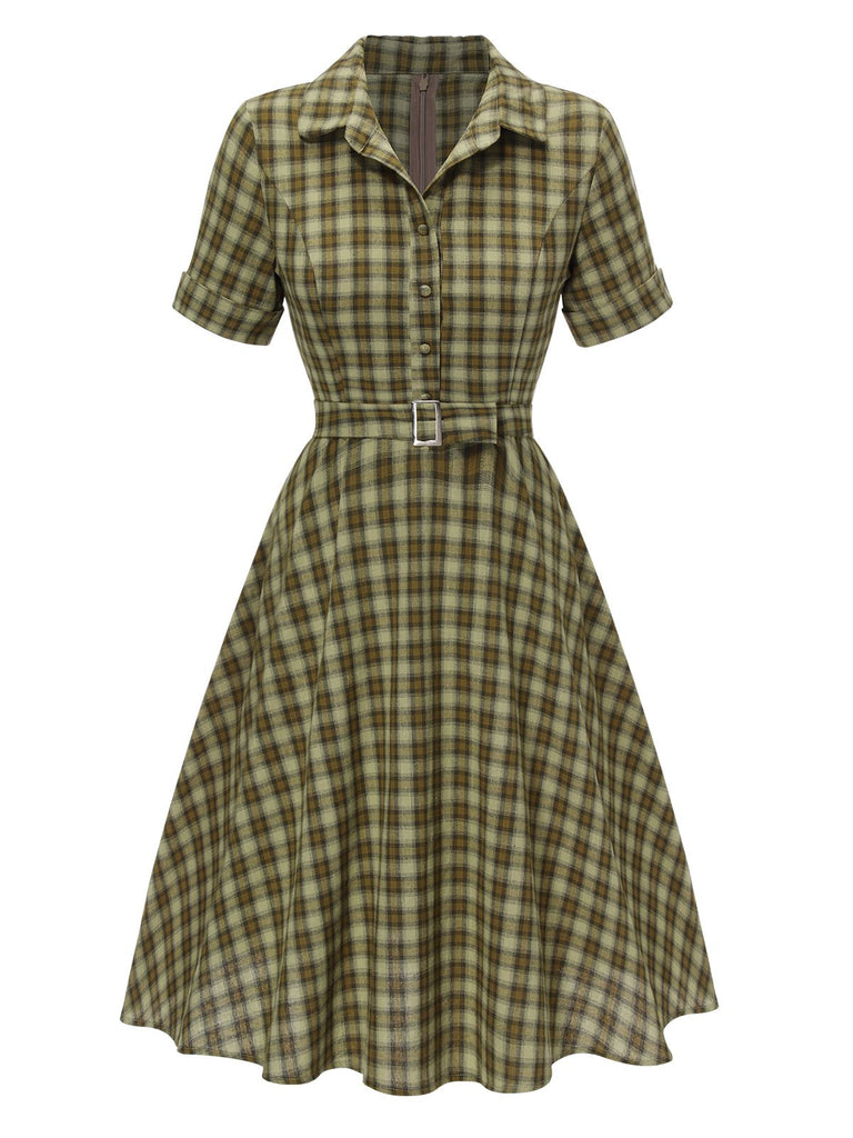 [Pré-vente] Robe Swing Verte Jaune Année 50 Boutonnée avec Ceinture