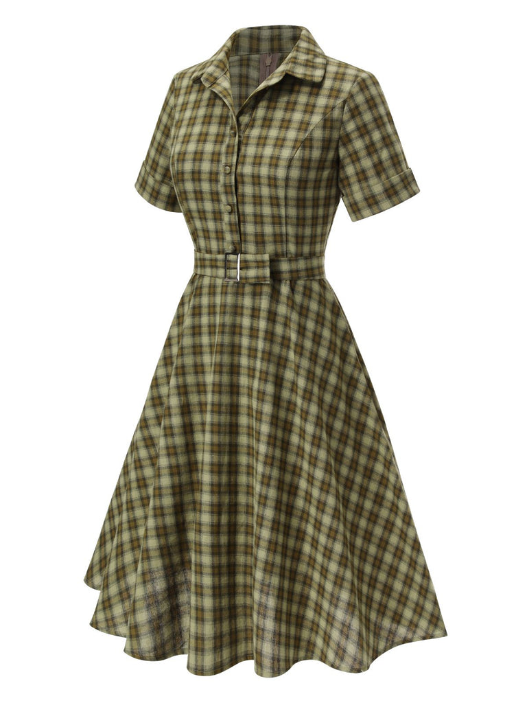 [Pré-vente] Robe Swing Verte Jaune Année 50 Boutonnée avec Ceinture