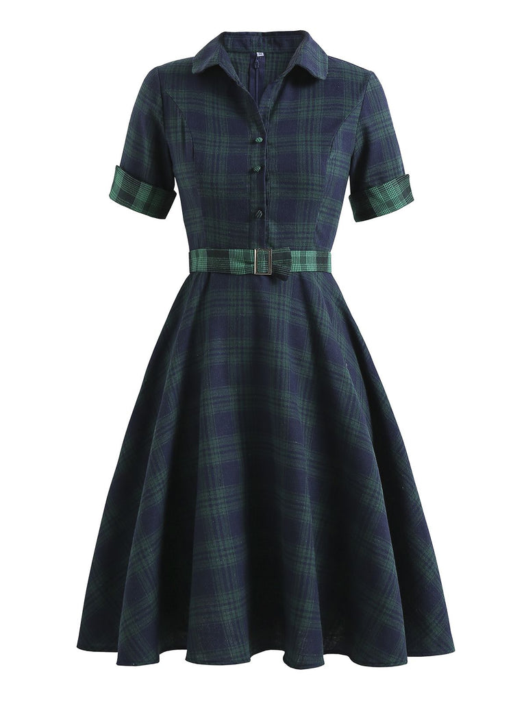 [Pré-vente] Robe Swing Verte Jaune Année 50 Boutonnée avec Ceinture