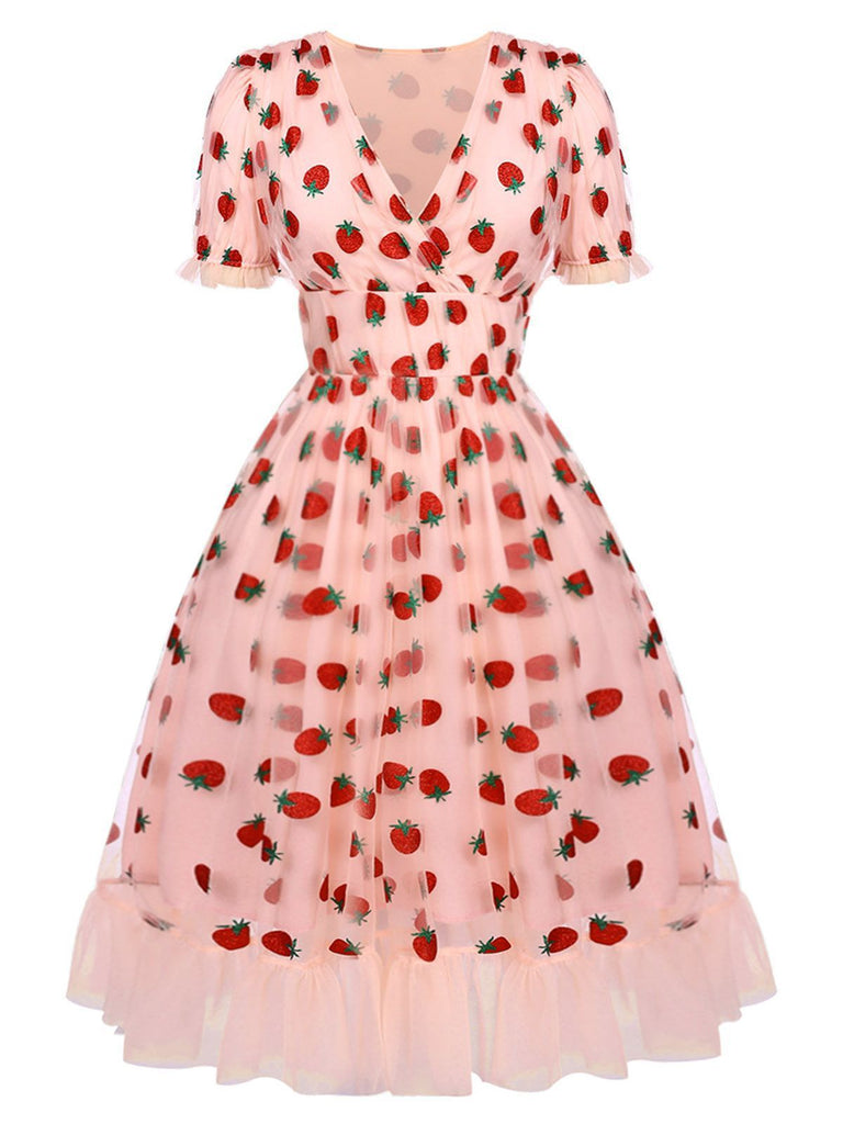 Robe Swing Vintage Année 50 Gaze Rose Fraise Soirée Cocktail