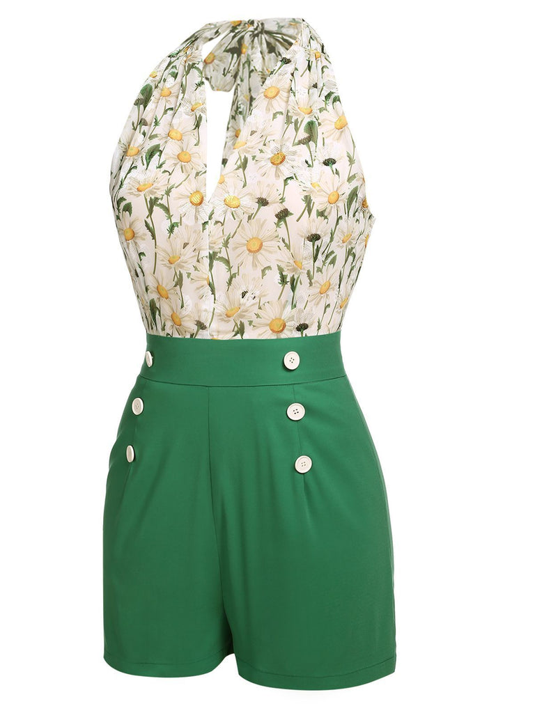 Combishort Vert Vintage Années 50 à Fleur avec Boutons Chic