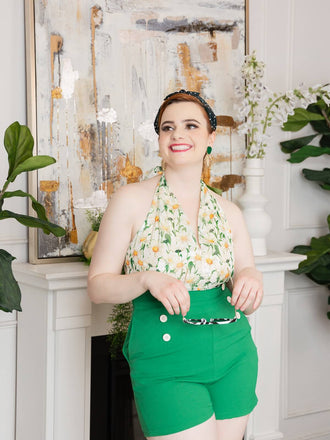 Combishort Vert Vintage Années 50 à Fleur avec Boutons Chic