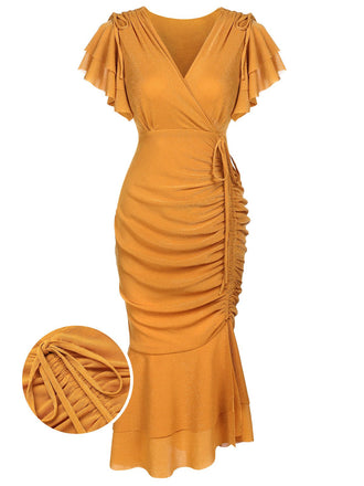 Robe de Crayon Vintage Année 60 à Col V Volants Soirée Cocktail Chic
