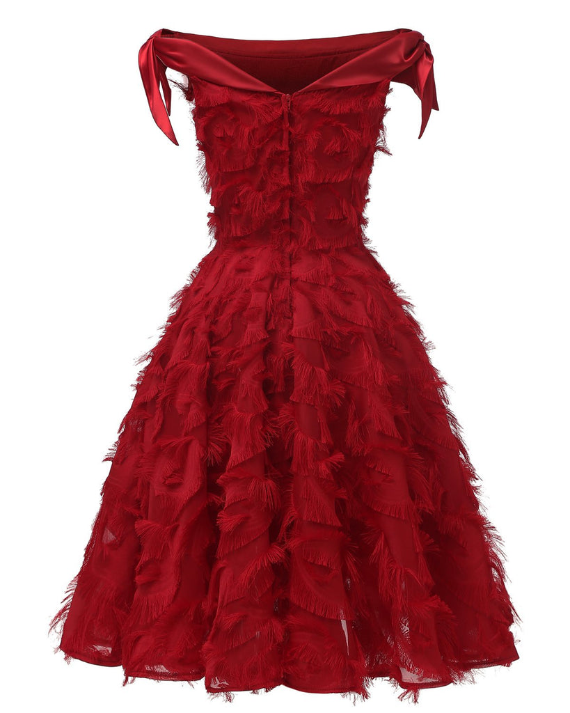 Robe De Soirée Pour Noël Chic Vintage Année 50 Épaule Gland À Lacets Rouge