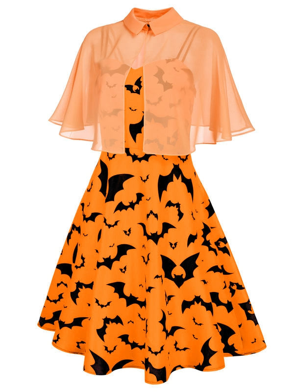 Robe Swing Années 50 avec Cape Chauve-Souris Orange Halloween