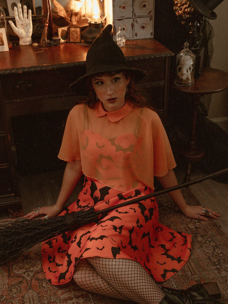 Robe Swing Années 50 avec Cape Chauve-Souris Orange Halloween