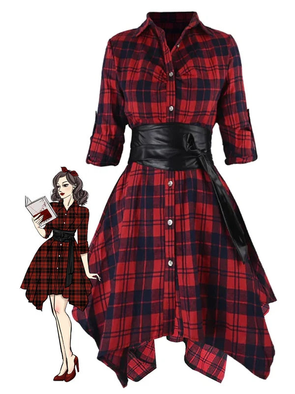 Robe Swing Vintage Année 50 Boutonnée à Carreaux Avec Ceinture Chic