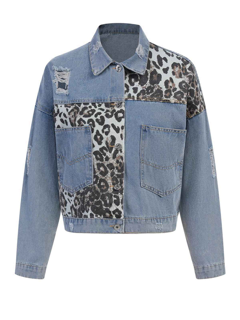 Veste en jean patchwork léopard bleu des années 1980