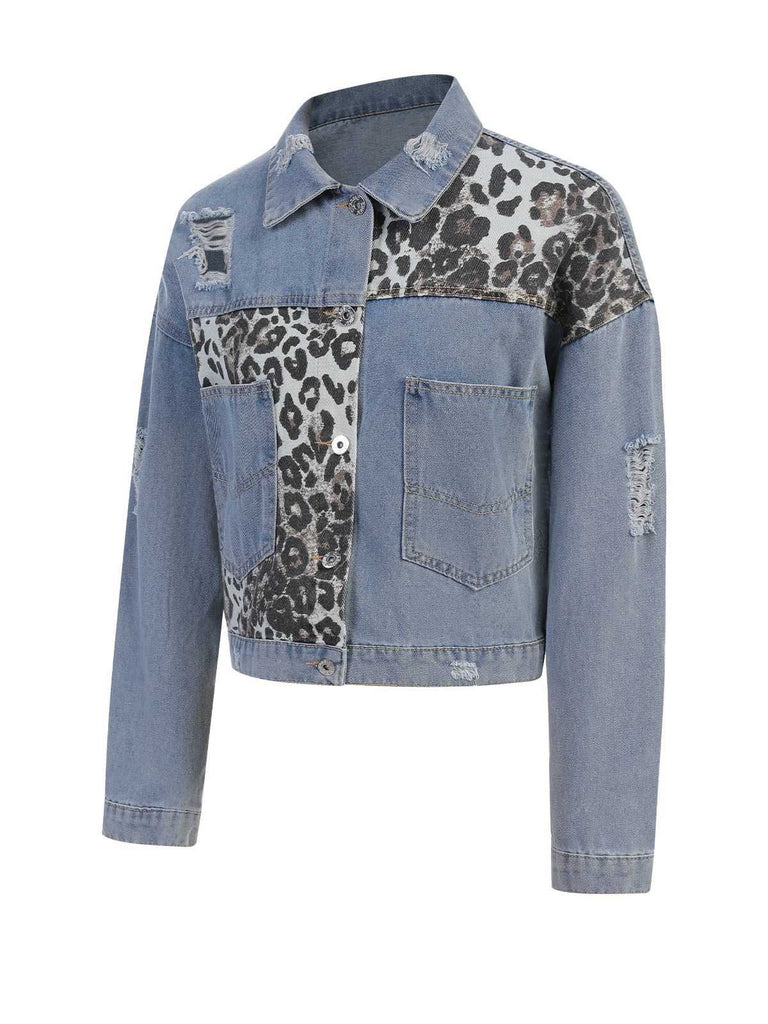 Veste en jean patchwork léopard bleu des années 1980