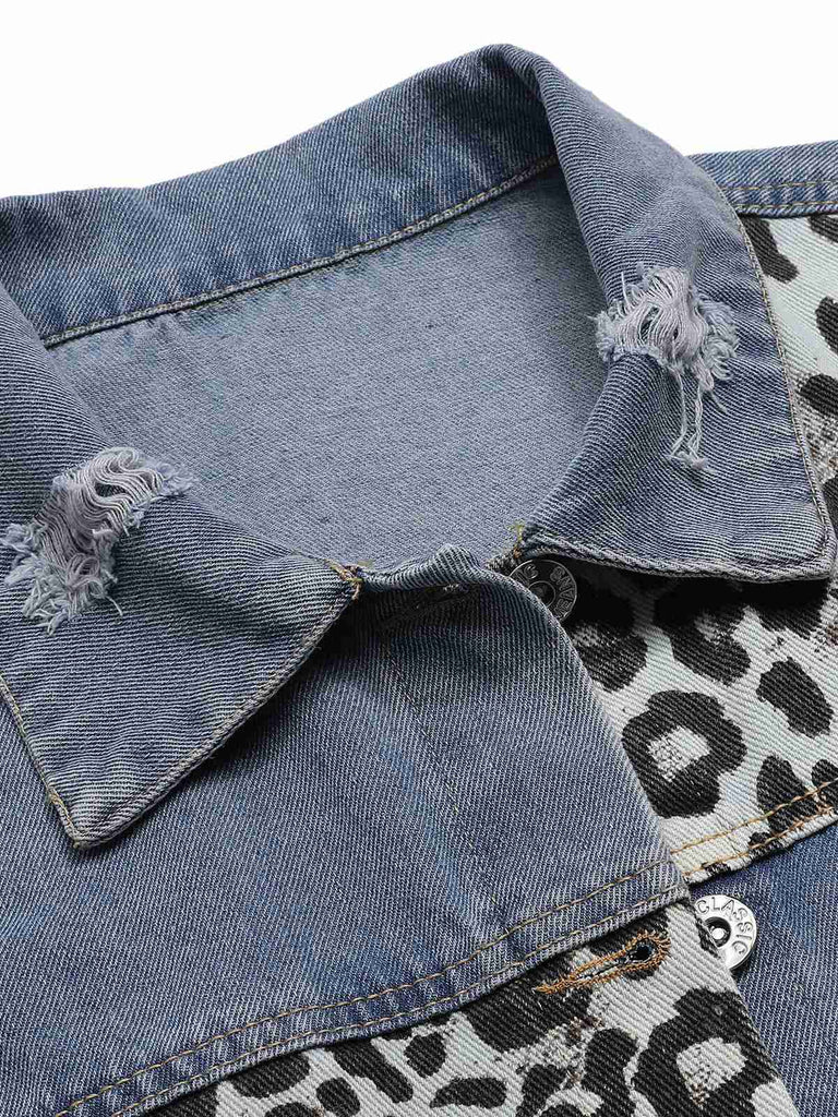 Veste en jean patchwork léopard bleu des années 1980