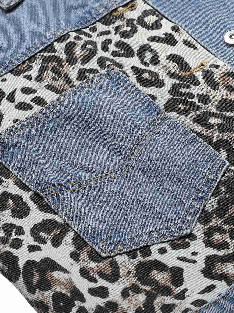 Veste en jean patchwork léopard bleu des années 1980