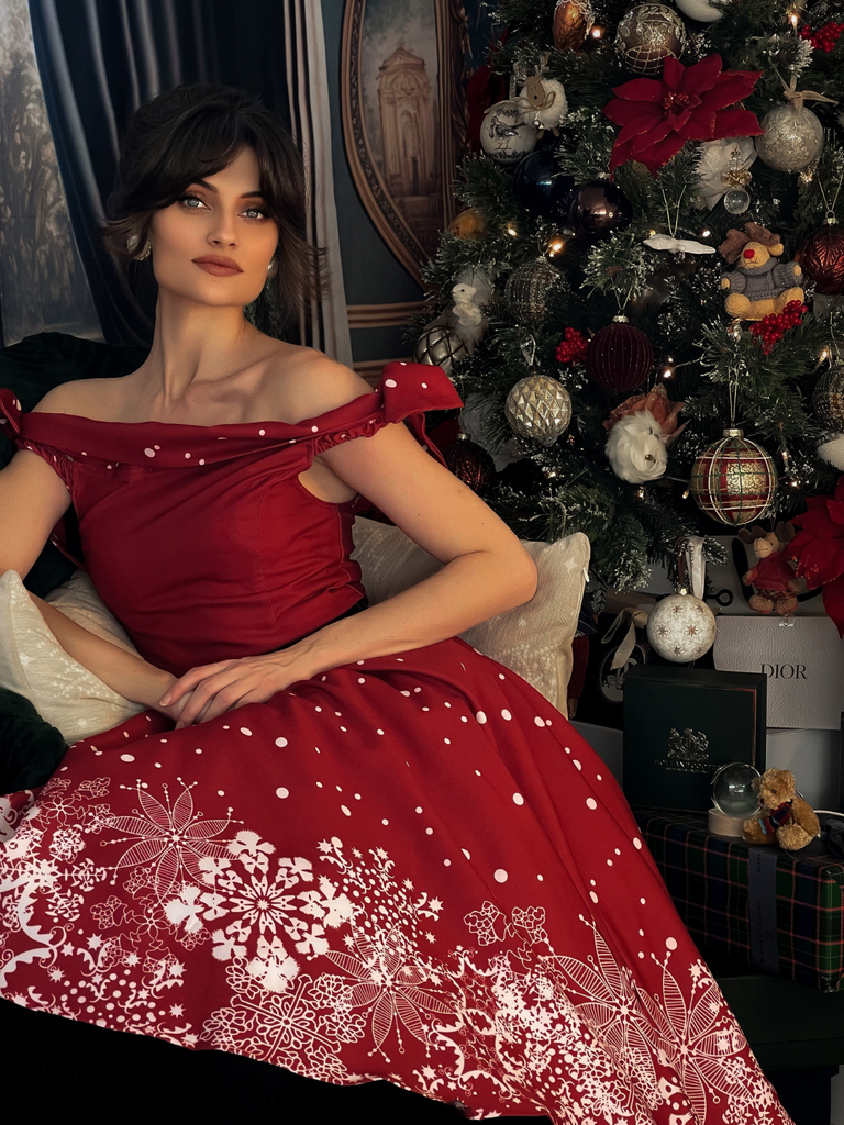 Robe Épaules Dénudées Flocon Neige Rouge Années 1950
