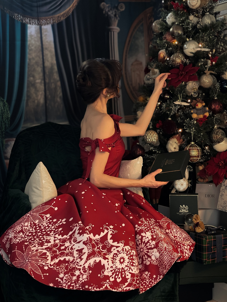 Robe Épaules Dénudées Flocon Neige Rouge Années 1950