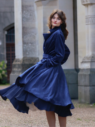 Manteau Long Velours Bleu Marine Années 1950