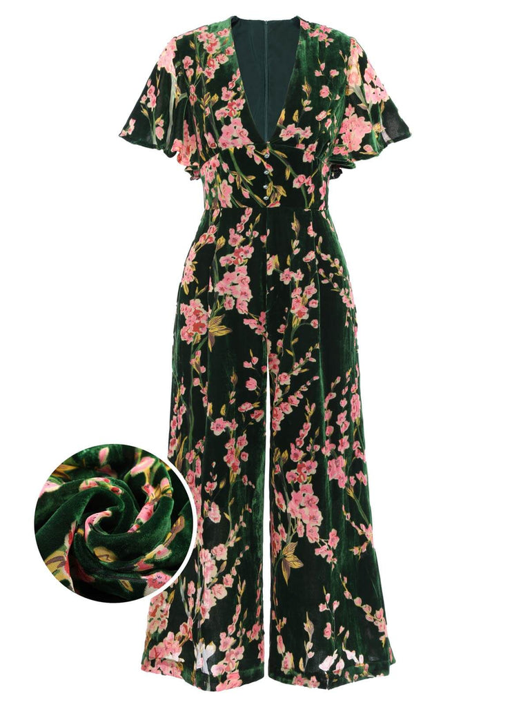 Combinaison Vintage en Velours Vert fleurs des Années 1950