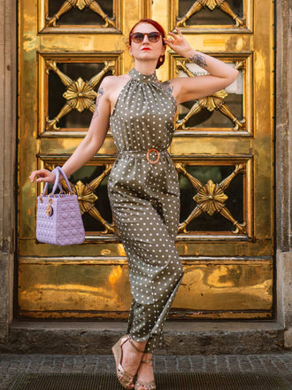 Combinaison Verte à Pois Années 1950 avec Ceinture