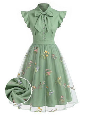 Robe vintage verte à patchwork floral années 1950