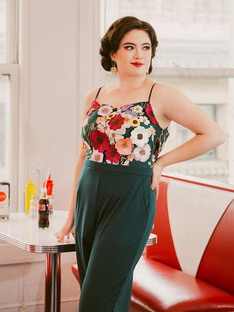 Combinaison verte patchwork fleurs 3D à bretelles