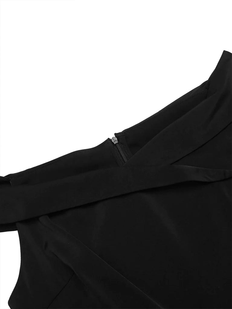 Robe patchwork noire à pois et épaules dénudées des années 1950 Cocktail