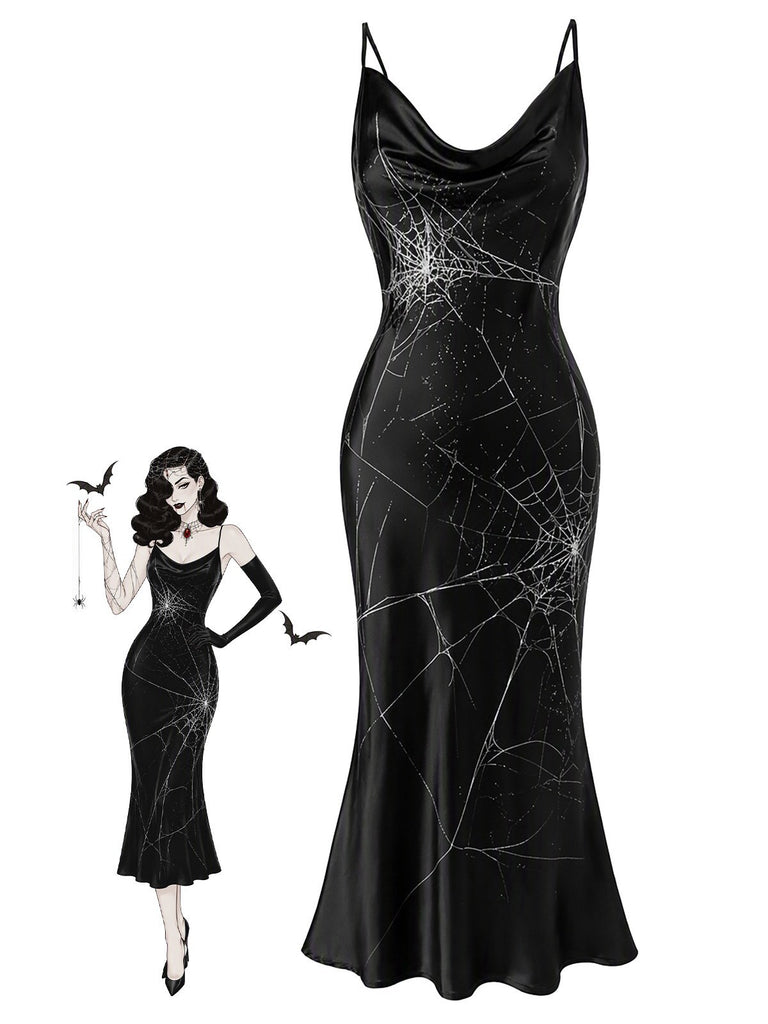 [Prévente] Robe noire Halloween à motif toile d’araignée des années 1960