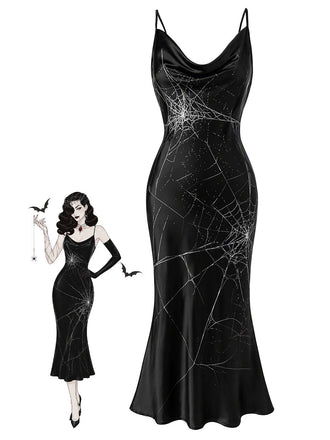 [Prévente] Robe noire Halloween à motif toile d’araignée des années 1960