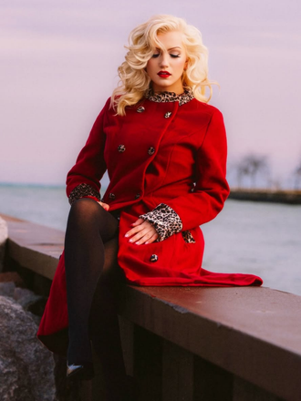 Manteau boutonné patchwork léopard rouge vin