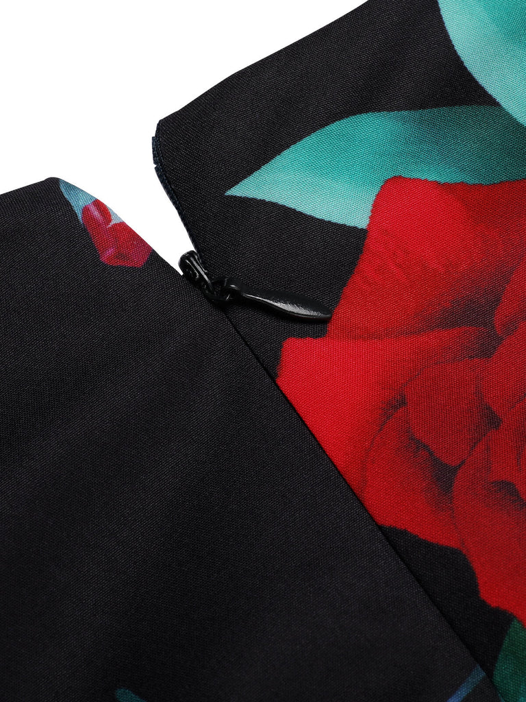 Robe noire à lacets à manches lanterne rose des années 1940