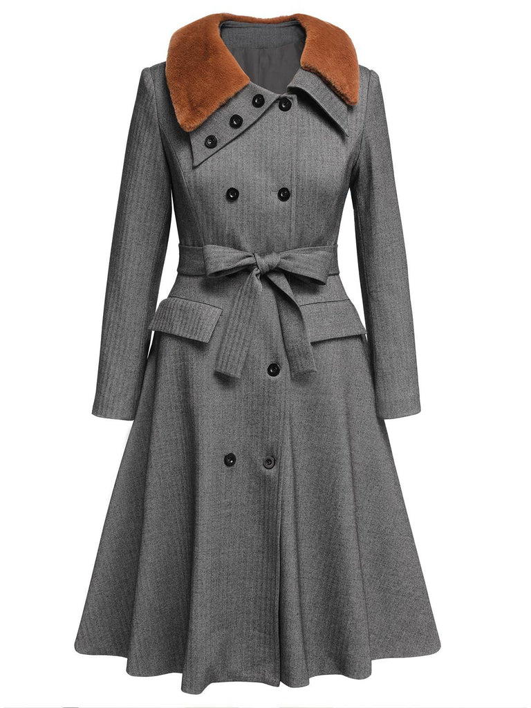 Manteau gris années 1950 en fausse fourrure à revers